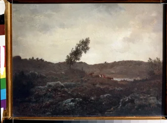 Pohled na Barbizon (View of Barbizon). Obraz Theodora Rousseaua (1812-1867). Olej na dřevě, 24 x 32 cm, konec 1840. Francouzská škola Barbizon. Puškinovo muzeum výtvarných umění, Moskva.