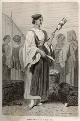 Žena ze Sebenico (Srbsko), používající vřetena pro spřádání vlny, na náměstí. Rytina podle kresby Theodora Valeria, pro ilustraci příběhu o Dalmácii, od Charlese Yriarte, v roce 1874, publikovaná v „“Le tour du monde“““ 1876, editoval Edou