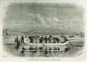 Loď na řece Hue (Vietnam), kresba Th. Webera, pro ilustraci příběhu osmidenního velvyslanectví v Hue (Království Annam), v roce 1875, panem Brossardem de Corbigny, poručíkem (N), připojeným k misi. Rytina v Le tour du monde