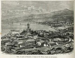 Město Jalta, převzato z Massandry, kresba Th.Webera, pro ilustraci příběhu Čtyři měsíce v Rusku z roku 1876 od F. De Melyho. Rytina v Le tour du monde