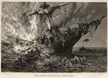 Požár lodi Cospatrick, britské lodi přepravující více než 400 emigrantů na Nový Zéland, dne 19. listopadu 1874, vyrytý podle kresby T. Webera, ilustrující studium bouří a plaveb, od pana Zurchera a pana Margolleho v roce 1870-1874, vyd