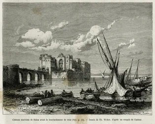 Námořní hrad Sidon před bombardováním v roce 1840. Rytina Th. Webera, pro ilustraci příběhu La Syria d
