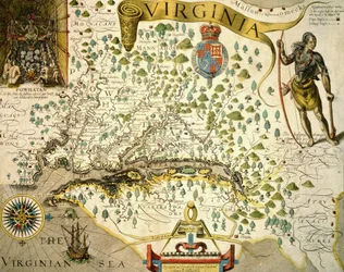 Sloane MS 1622 Mapa Virginie, vlevo nahoře obrázek náčelníka Powhatana od Johna Smithe (1580-1631) 1624 (ručně kolorovaná rytina)