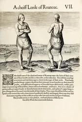 „A Chief Lord of Roanoac“, z „Stručná a pravdivá zpráva o nově nalezené zemi Virginie“ od Thomase Harriota (rytina)