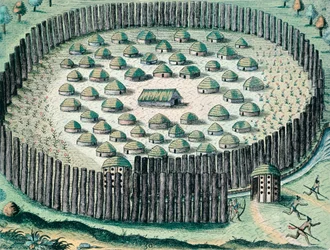 Opevněná indiánská vesnice, Ilustrace z Rozpravy na Floridě, Theodore de Bry, rytina