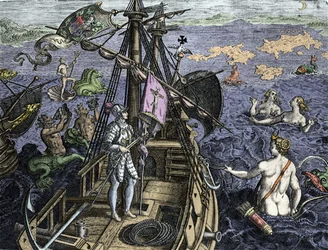 Allegorie des voyages de Christopher Columbus (1451-1506), rytina z "Historia America sive Novi Orbis" od Theodora de Bry (1527-1598), Amsterdam 1594