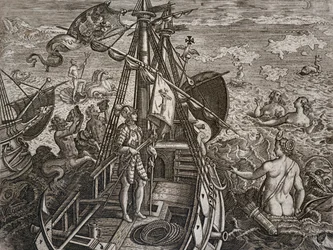 Alegorie cesty Kryštofa Kolumba k objevení Nového světa, rytina Theodora de Bry (1528-1598)