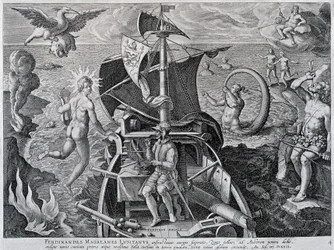 Alegorie na cestách Ferdinanda Magellana (1480-1521), Theodor de Bry (1528-1598)