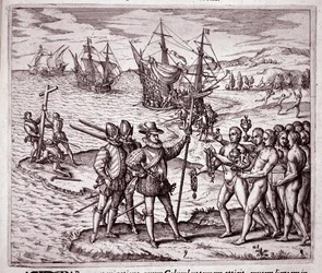 Příjezd Kryštofa Kolumba na ostrov Hispaniola v Západní Indii (rytina