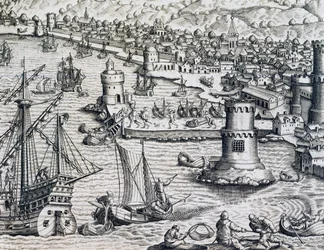 Příjezd Girolama Benzoniho do přístavu La Palma, rytina z knihy Historia Americae, autor Theodor de Bry (1528-1598), Frankfurt nad Mohanem