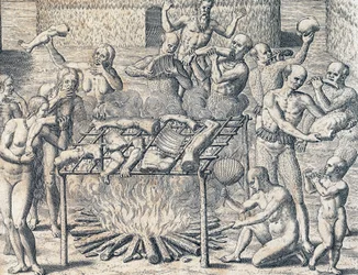 Kanibalismus kmenů ve vnitrozemí Brazílie, rytina z Amerických dějin Theodora de Bry (1528-1598), Frankfurt, Jižní Amerika