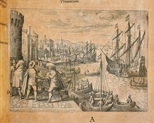 Karavely odcházející do Nového světa, Španělsko, rytina Theodora de Bry (1528-1598)