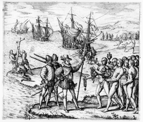 Kryštof Kolumbus (1451-1506) přijímá dary od náčelníka Guacanagariho na Hispaniole (Haiti), z díla „Americae Tertia Pars IV“, 1594