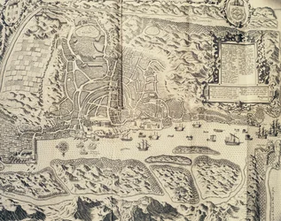 Město Goa v Indii, rytina Theodora de Bry (1528-1598) z Cestopisu o cestě námořníka Jana Huyghena van Linschotena do portugalské východní Indie 1579-1592), 16. století