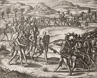 Popis zločinů spáchaných na Indiánech španělskými osadníky - Indiáni přinášející dary a zlato Conquistadorům - Rytina Theodora de Bry v " "Příběhu některých zpustošených španělských Španělů