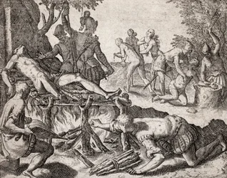 Popis zločinů páchaných španělskými osadníky na Indiánech - Scéna mučení Indiánů španělskými conquistadory. Mučení na roštu, amputace rukou - Rytina Theodora de Bry v díle „Narratio regionum indicarum per Hispanos quosdam devastatarum“