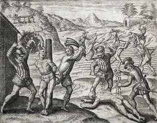 Popis zločinů spáchaných na Indiánech španělskými osadníky - Španělé mučící Indiány - Rytina Theodora de Bry v „Brevisima Relacion de la Destruction de las Indias““ od Bartolome de las Casas (1484-1566)