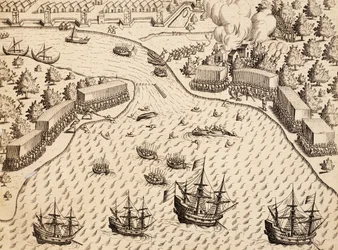 Holanďané přijíždějící na ostrov Madura, Jáva, rytina z díla India Orientalis, Theodor de Bry (1528-1598), Indonésie