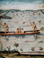 Rybářské techniky domorodců ve Virginii, rytina Theodora de Bry (1528-1598) z r.