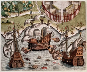Historie Ameriky: „“ Bitva mezi portugalskými a francouzskými flotilami u pobřeží Brazílie v Potiguaranských mořích““ Výmluva o plavbách Hanse Stadena, německého průzkumníka, který odešel se španělskými flotilami do Brazílie, zajatého Tupinambou v roce