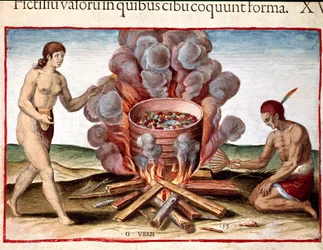 Historie Ameriky: „Indické vaření ryb“ rytina z „Obdivuhodného příběhu Ameriky“ od Theodora de Bry (1528-1598)