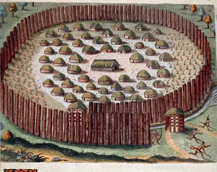 Historie Ameriky: „“ Reprezentace indiánské vesnice opevněné na Floridě““ Rytina z „“ Admirante Narratio Americae““ od Theodora de Bry (1528-1598)