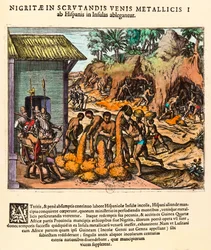 Dějiny Ameriky: Španělé využívají zlaté doly. Indiáni pracují před očima osadníků. Rytina Theodora de Bry (1528-1598). 16. století Soukromá sbírka
