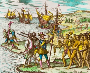 Dějiny Ameriky: objevitel Kryštof Kolumbus (1451-1506) je vítán Indiány při jeho příchodu do Nového světa”” Rytina Theodora De Bry (1528-1598) Rytina 16. století