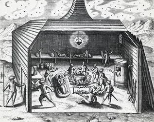 Interiér zimního domova Williama Barentse (asi 1550-1597) v ruském souostroví Novaja Zemlya, od Theodora de Bry (1528-1598), rytina