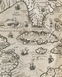 Ostrov Kuba, Florida a Mexický záliv, rytina z historie amerických velkých plaveb