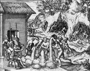 Těžba nerostů ve Střední a Jižní Americe, rytina z Americae pars V, Theodor de Bry (1561-1623)