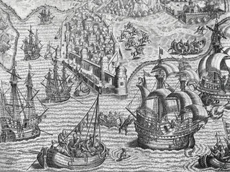 Námořní bitva, rytina z americké historie od Theodora de Bry (1528-1598), Frankfurt