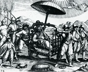 Portugalci v Indii, přepravováni na podestýlce, rytina z Peregrinationes, Theodor de Bry (1528-1598), Indie