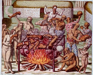 Scéna kanibalismu v Brazílii Indiáni požírali své nepřátele a vězně. Rytina z „Admirante Narratio Americae““ od Theodora de Bry (1528-1598)