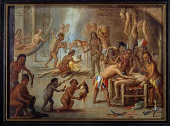Scéna kanibalismu v Brazílii roku 1644. Indiáni požírali své nepřátele a zajatce. Obraz Jana van Kessela, zvaného Starší (1626-1679), vlámská škola, podle ilustrace z cest Theodora de Bry do Brazílie. V. 0,18 x 0,24 m. Muzeum v La Rochelle