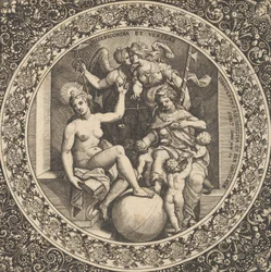 Scéna s Misericordia a Veritas v kruhu ve středu, 1580-1600.