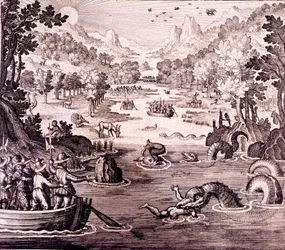 Sir Walter Raleigh: Objev velkého, bohatého a krásného impéria Guayany, z „Newe Weld un Americanische Historien“, od Johanna Ludwiga Gottfrieda, 1631