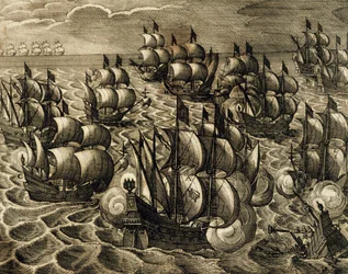 Velení španělské armády Rodriga Mendozy, rytina Theodora de Bry (1528-1598) převzatá z History of America od Theodora de Bry, Španělsko, 1602