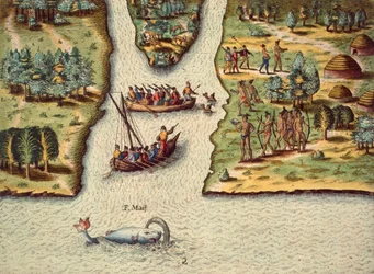 Příchod Francouzů, rytina Theodora de Bry (1528-1598), z knihy Pojednání o Floridě.