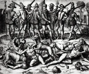 Psi Vasco Nunez de Balboa (1475-1571) útočící na Indiány