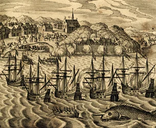 Pohled na přístav Acapulco v Mexiku, rytina z Historia Americae, Theodor de Bry (1528-1598), Frankfurt