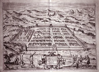 Pohled na incké město Cuzco, Peru (rytina