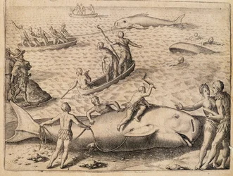 Lov velryb u Špicberků, rytina Theodora de Bry (1528-1598) z Indie Orientalis (východní Indie)