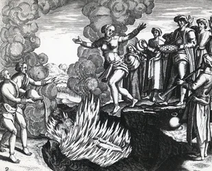 Žena vrhající se na manželovu hranici, Theodor de Bry (1528-1598), rytina