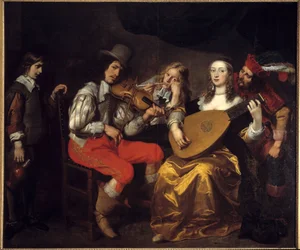 Koncert v roce 1650 (Nizozemsko). Obraz od Van Thuldena (1606-1669) Ec. Podvod.
