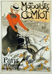 Reklamní plakát na motocykly Comiot. Mladá žena na mopedu se válí mezi skupinou hus. Plakát Theophile Alexandre Steinlen (1859-1923). 1899. Paříž, dekorativní umění.