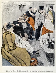 Filles et Marlous: Je to svátek Španělů: notář platí šampaňské - v „Dans la vie“ od Steinlena 1901 (stejná kresba jako č. 27695)