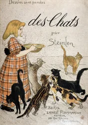 Dívka přináší kočkám misku na mléko - obálka "" Cats" od Steinlen, n.d. 19.
