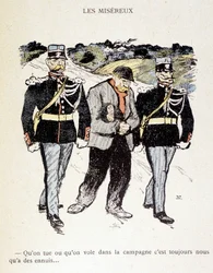 Les Miséreux: Ať zabíjíme nebo krademe na venkově, vždy jsme v nesnázích... (Vagabund obklopený 2 četníky) – v „“In Life””, od Steinlena 1901