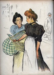 Kresba Les blechisseuses od Theophila Alexandra Steinlena (1859-1923) – v „“Le Rire“““ z roku 1898 – Dvě pračky – Kdybyste museli poslouchat všechny zákazníky, znamenalo by to pro nás příliš mnoho prádla